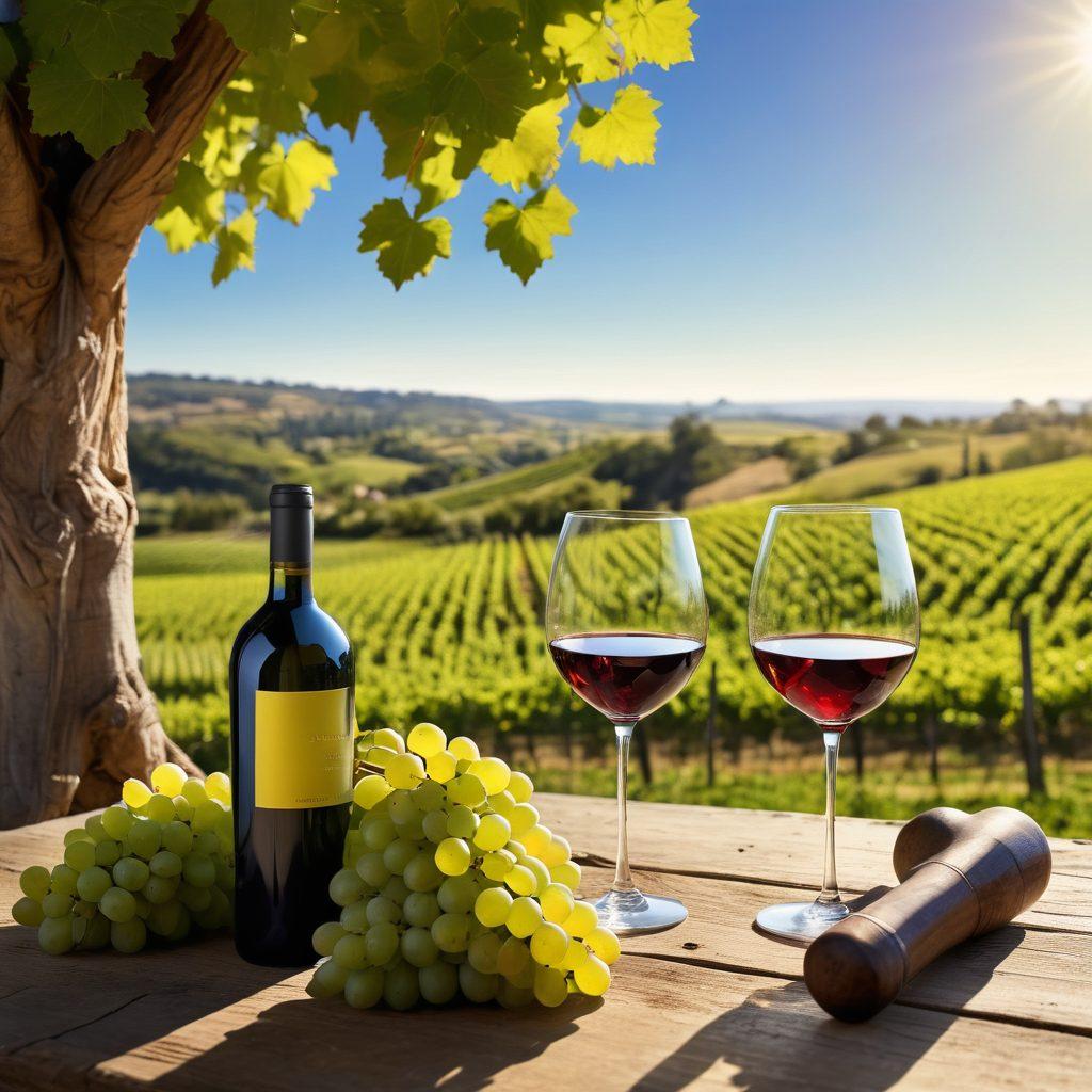 A picturesque vineyard landscape with lush green grapevines under a bright blue sky, featuring various wine bottles and glasses artfully arranged in the foreground. Include a globe or map subtly integrated into the background, showcasing wine regions around the world. The setting should evoke a feeling of elegance and sophistication, highlighting the journey from vine to glass. super-realistic. vibrant colors. natural light.