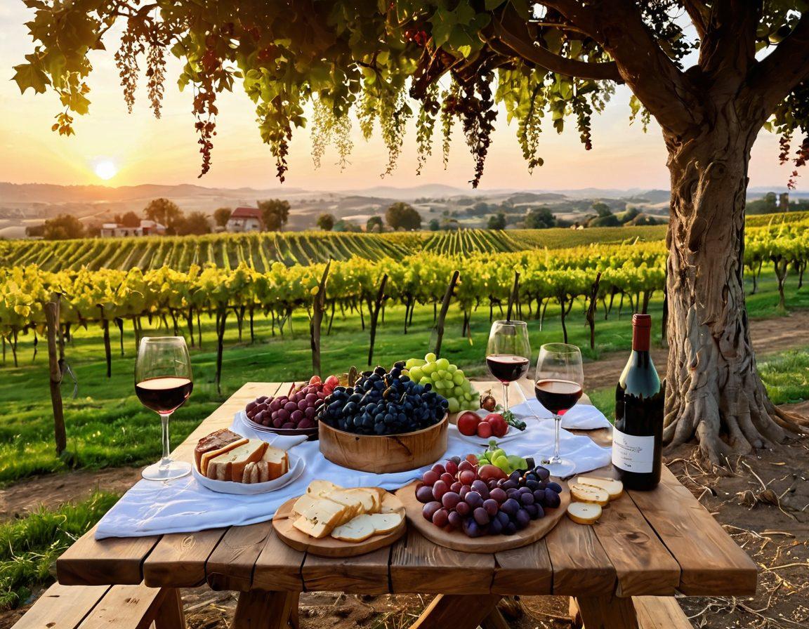 A picturesque vineyard at sunset, with rows of lush grapevines and a rustic wooden table set for a wine tasting, featuring elegant wine glasses filled with red and white wine. Include a charcuterie board with artisanal cheeses, fruits, and bread. In the background, a winemaker carefully inspects grapes. Warm, golden hues accentuate the scene. super-realistic. vibrant colors. 3D.