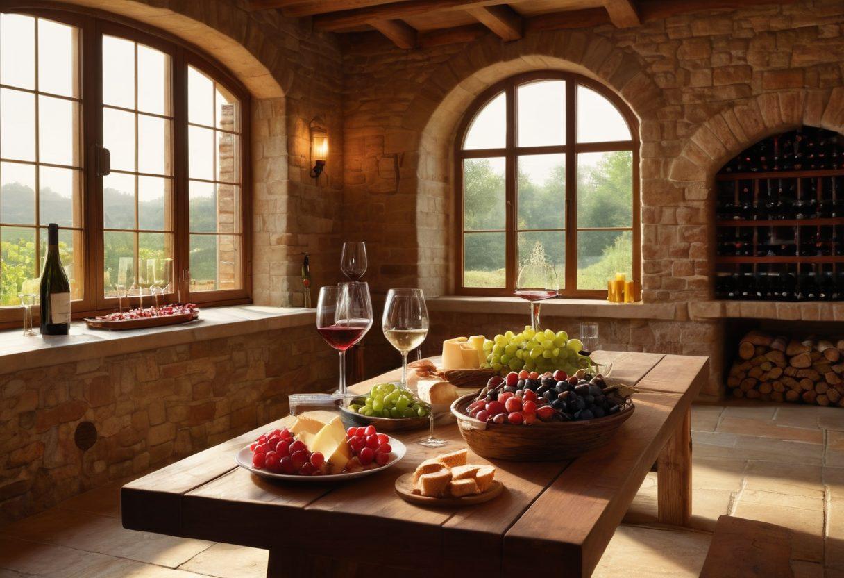 An elegant wine cellar featuring rows of fine red and white wine bottles, with glasses filled with rich red and crisp white wines reflecting warm light. Include a wooden tasting table set with a cheese platter and artisanal bread, with lush vineyards visible through a large window in the background. Inviting atmosphere that exudes sophistication and passion for wine exploration. super-realistic. warm tones. soft lighting.